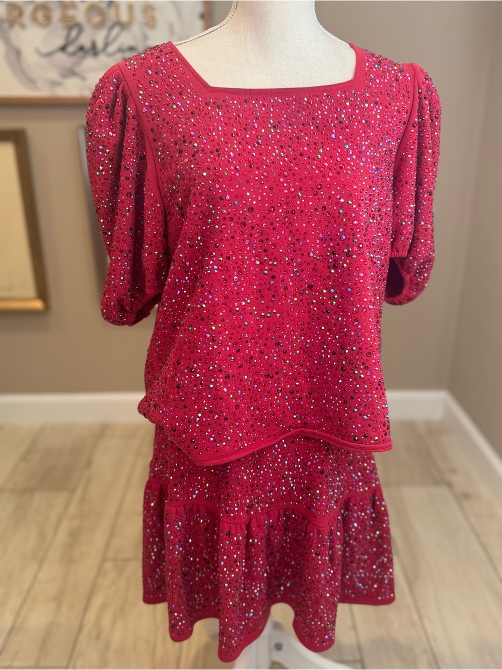 QUEEN OF SPARKLES Red Full Rhinestone Puff-Sleeve Skirt Set - Picture 3 of 12